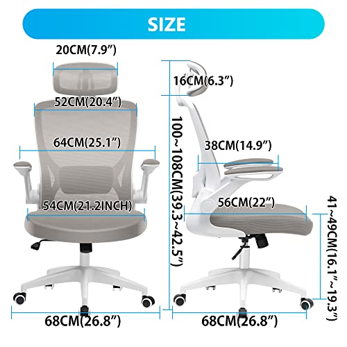 Kerdom Ergonomic Office Chair, Breathable Mesh Desk Chair, Lumbar Support Computer Chair With Headrest And Flip-Up Arms, Swivel Task Chair, Adjustable Height Gaming Chair, Lightgray #TOP1