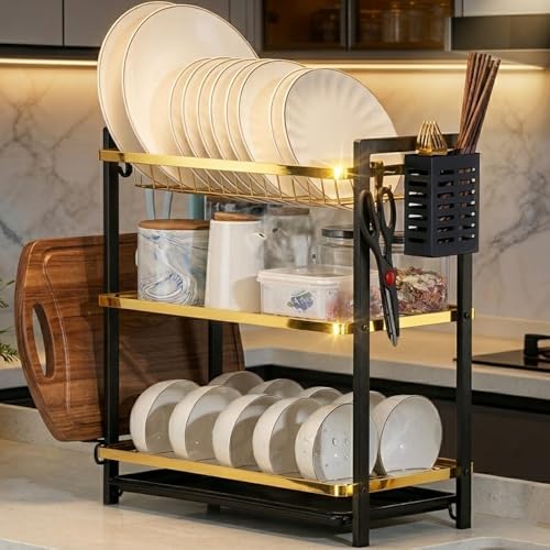 Image of COMFYHOME Dish Drying Rack, 3-Tier Wrought Iron Space-Saving Kitchen Dish Drainer with Drainboard & Utensil Holders, Rustproof Counter Organizer for Plates, Utensils, Bartan