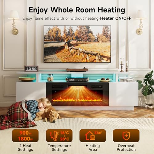 INMOZATA Electric Fire Insert TV Stand, 179cm Media Console Storage Table & 92cm Electric Fireplace with Remote Control, 12 LED Backlight, 12 Flame Colors, Temperature Adjustable, 900W&1800W-White - Image 3