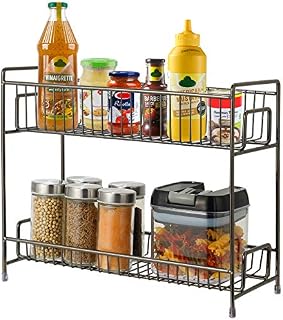 RHtvrll Spice Rack, 2-Tier Kitchen Countertop Organizer Holder Racks, Freestanding Jar Rack Kitchen Seasoning Rack for Jars, Bottles & Herbs, Metal Storage Shelf for Kitchen Bathroom Bedroom Storage