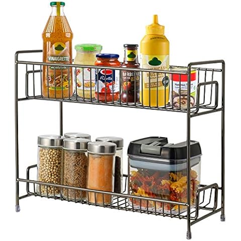 RHtvrll Spice Rack, 2-Tier Kitchen Countertop Organizer Holder Racks, Freestanding Jar Rack Kitchen Seasoning Rack for Jars, Bottles & Herbs, Metal Storage Shelf for Kitchen Bathroom Bedroom Storage Cover