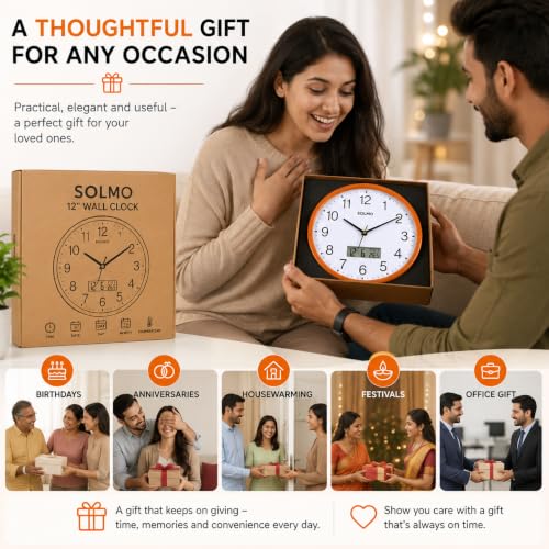 Image of Amazon Brand - Solimo 12 Inches Analog Wall Clock with LCD Display Wall Clock for Hall Living Room Bed Room Office Wooden Look Plastic Step Movement Stylish Wall Clock for Home - 1197LCD (D Wood)
