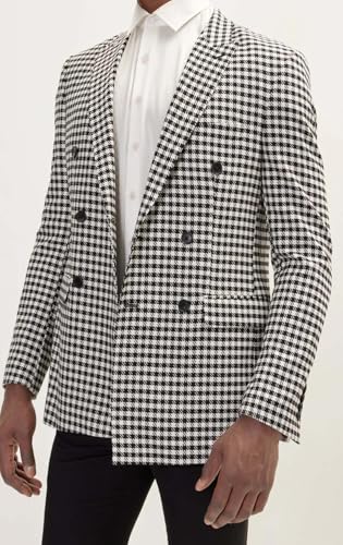 VENNYNG Double Breasted Houndstooth Blazer for Men Tweed Plaid Suit Jacket Formal Dress Coat3