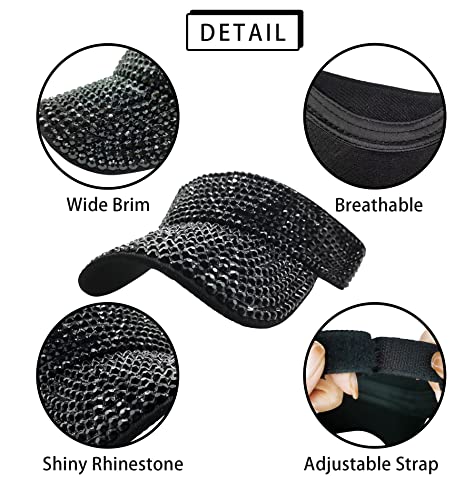 1 Piece Of Black Sun Visor Hat Shiny Rhinestones Sun Hat Adjustable Sport Visors Cap Visors For Women And Men (One Size) #TOP3