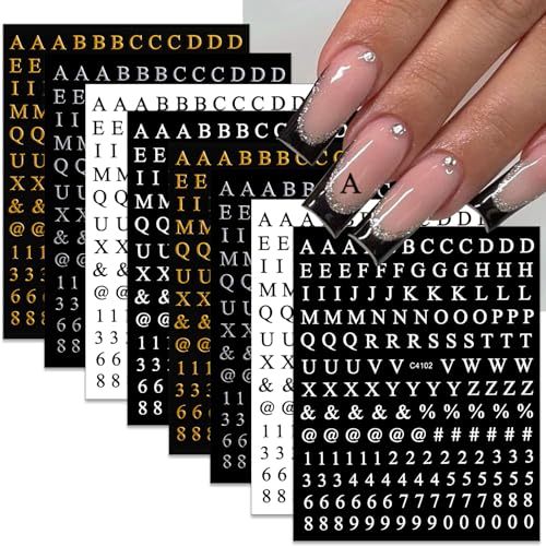 Rofibut Letters Nail Art Stickers Number Nail Decals 3D Self-Adhesive Luxury Gold Silver English Alphabet Nail Sticker Black White Number Nail Art Supplies For Women Girls Manicure Diy 8 Sheets