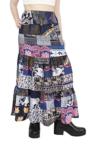 LOFBAZ Long Maxi Skirts for Women Boho Gypsy Dress Bohemian Hippie Dresses African Clothing Womens Indian Wrap Skirt Patchwork Blue OS