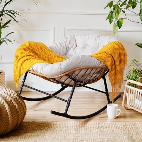 Easyego 2-Piece Oversized Papasan Rocking Chair Set with Cushions - Comfy Egg Shaped Lounge Rockers for Indoor & Outdoor Use, Perfect for Garden, Lawn, Bedroom & Living Room, Beige