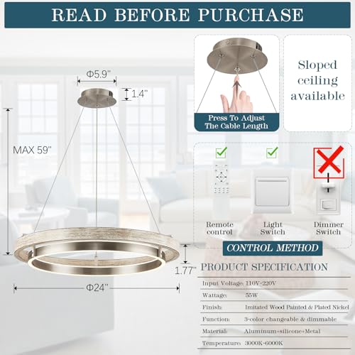 Image of LED 2 Ring Chandelier Dimmable Up Down Light Weathered Wood Brushed Nickel