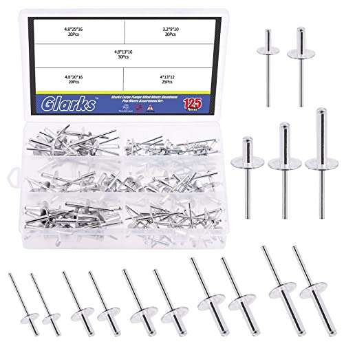 GLARKS G-1987 125Pcs 5 Sizes Large Flange Aluminum Blind Rivets Pop Rivets Assortment Set for Joining Metal Plate Pipe Automotive