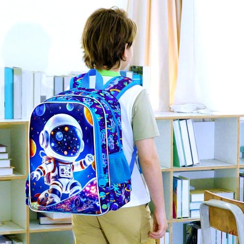Image of 3Pcs Space Backpack for School, Boys Astronaut Bookbag with Lunch Box, 16 inch Kids Backpacks for Elementary Preschool Kindergarten (Blue)