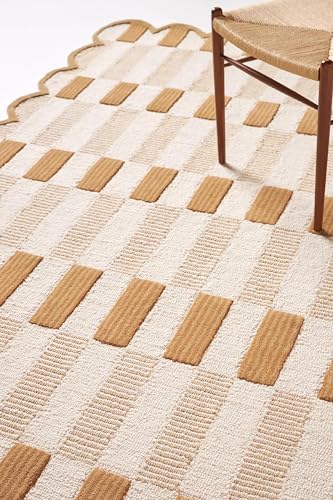 Image of Hand-Tufted Wool Area Rug - 3x5 Ft, Neutral Beige & Warm Caramel Plaid Design with Elegant Scalloped Edges, Soft Handmade Plush Carpet with Cotton Backing for Living Room, Bedroom & Nursery
