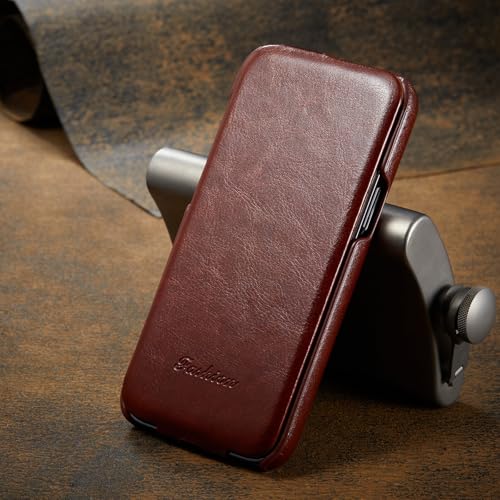 Étui rigide en cuir marron compatible avec iPhone 14 Pro 6,1 pouces à rabat vertical de protection
