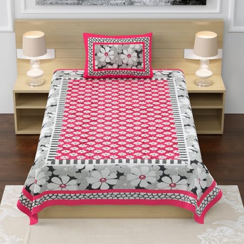 Image of RajasthaniKart Pure 100% Cotton Single Bed Sheet with 1 Pillow Cover (Bedsheet for Single Bed Cotton, Pink Floral)