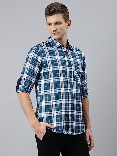 Image of Thomas Scott Men's Polyester Checkered Slim Fit Casual Shirt with Spread Collar and Long Sleeve (TS1045 Wood)