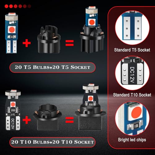Image of BBTO 40 Pieces T5 T10 LED Bulbs Dash Lights with Twist Socket Instrument Dashboard Light LED Bulbs for Interior Car Lights Dashboard Instrument Panel Gauge Cluster Indicator Map Dome Light (Red)