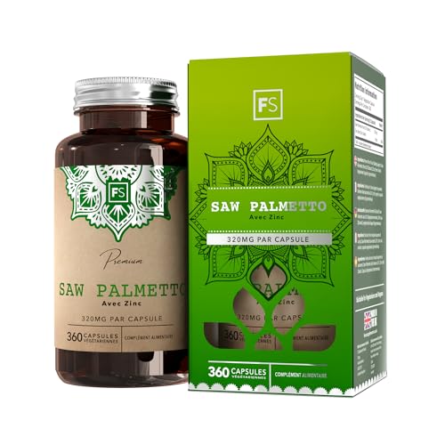 FS Saw Palmetto | Prostate Complément Alimentaire 360 Gélules - Haute Teneur 320mg Saw Palmetto Cheveux avec 15mg Zinc Palmier Nain Gélules (extrait 20:1) par Portion | Sans OGM