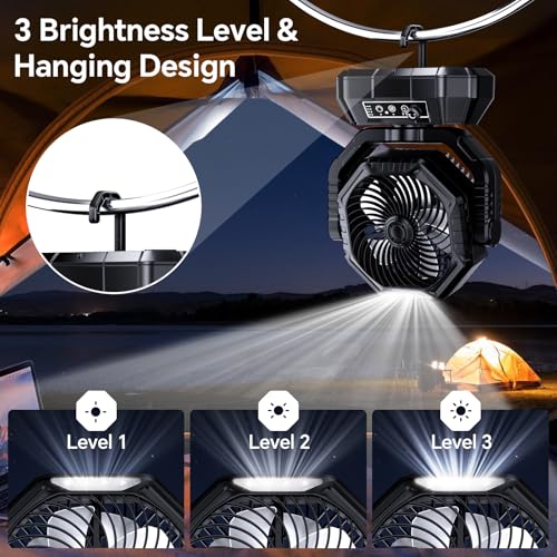 AJVV Camping Fan, 20000mAh Rechargeable Battery Fan with Stepless Wind Speed, Rechargeable Personal Desk USB with Hanging Hook/Light/Power Bank, for Home Outdoor Travel Fishing - Black - Image 5