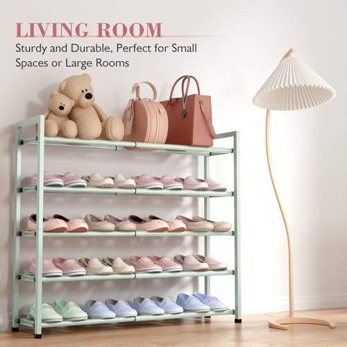 Image of Bumusty 5-Tier Expandable Shoe Rack for Closet, 18 inch-33 inch Adjustable Shoe Rack for Small Space, Small Shoe Organizer for Front Door, Sturdy Metal,Green