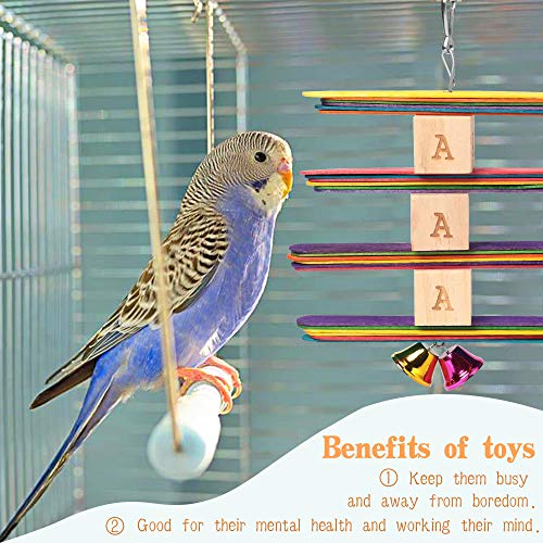 ShellKingdom Parrot Toys,Bird Hanging Wooden Ladder and Bird Hammock Chew Perches Cage Finch Toy with Bells for Bird Macaws Cockatiels Parakeets African Grey Parrot Lorikeets Conures