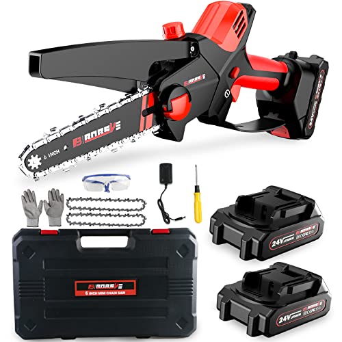 BOBSVILLE mini Bürstenlose kettensäge mit akku Professionelle Ausgabe 24V 6 Zoll Kettensäge Mit 2 Kette Und Zwei Stück 24V Akku & Schnell Ladegerät,Für Gartenarbeit Baumbeschneidung Holzschneiden