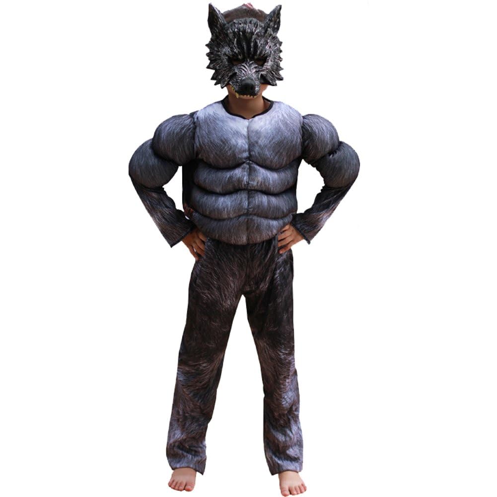 1 Juego De Trajes De Lobo Musculoso para Niños, Disfraz De Hombre Lobo para Niños, Disfraces De Lobo De Halloween con Máscara De Lobo, Disfraz De Monstruo