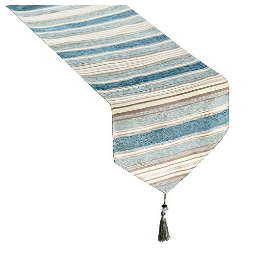 Top Finel Rayas de Color Corredor de la Tabla de Mezcla Camino con borlas para la Cena artística Fiesta decoración de la Boda Mesa de Comedor Manera(33cmX210cm) Verde Azulado
