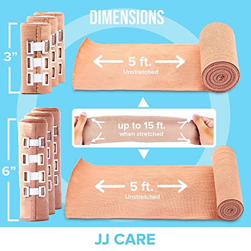 Jj Care Elastic Bandage Wrap [Pack Of 6], Compression Bandage In 3 Inches And 6 Inches, With 6 Extra Bandage Clips, Ankle, Wrist, And Foot Elastic Bandages 6 Rolls, Durable And Reusable #TOP2