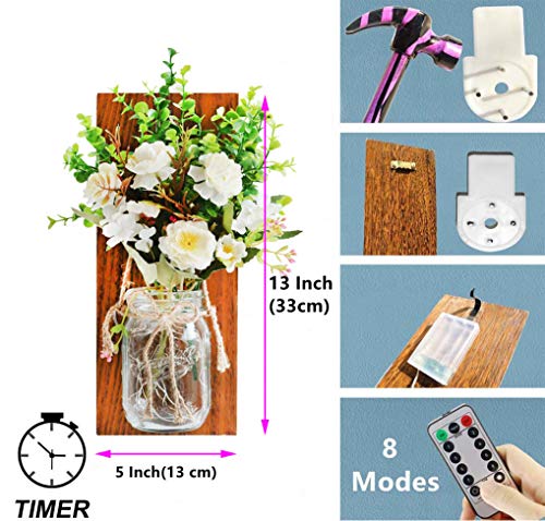 Rustic Home Decor Mason Jar Wall Sconces, Wall Decorative Sconces,Timer Led Fairy Lights And Flowers, Handmade Wood Art Goods Decor, Farmhouse Wall Decorations For Bathroom Living Room Set Of 2 #TOP4