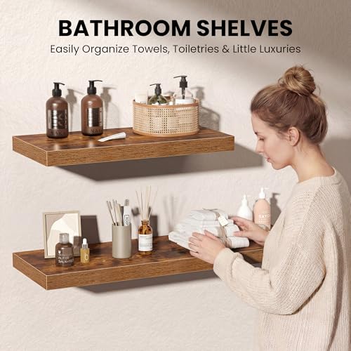 Image of Fun Memories Floating Shelves for Wall, 3 Pack 36 Inch Long Floating Shelves, 36 x 12 Wooden Shelves for Wall, Large Storage Shelves, Hanging Shelves for Bathroom Bedroom Kitchen, Brown