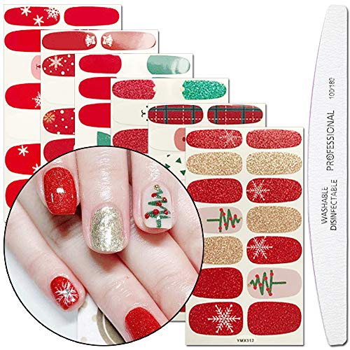 WOKOTO 6 Sheets Christmas Adhesive Nail Polish Stickers With 1Pcs Nail File Deer Snowman Nail Wraps Decal Strips Manicure Kit