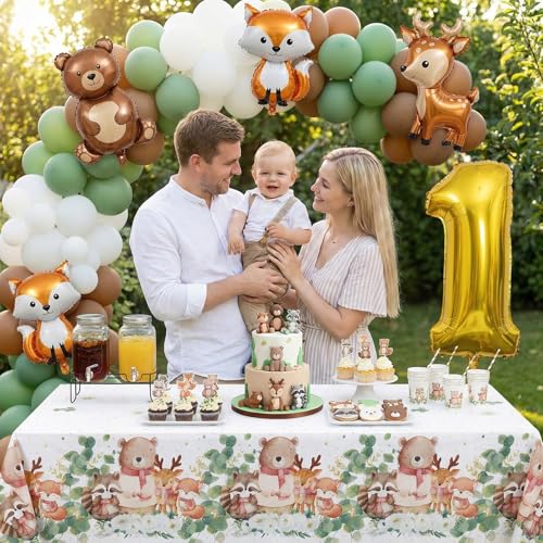 Image of 3 Pack Plastic Safari Baby Shower Tablecloth, 54 x 108 Inch Disposable Woodland Forest Animal Neutral Gender Reveal Party Eucalyptus Leaves Table Cover for Forest Birthday Friendship Party Decor