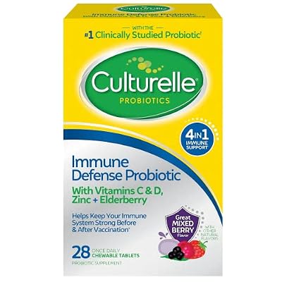 Culturelle Immune Defense Daily Probiotic for Women & Men - 28 Count, Mixed Berry Chewables with 4-in-1 Immune Support. Probiotic Vitamin C, Vitamin D, and Zinc Plus Elderberry