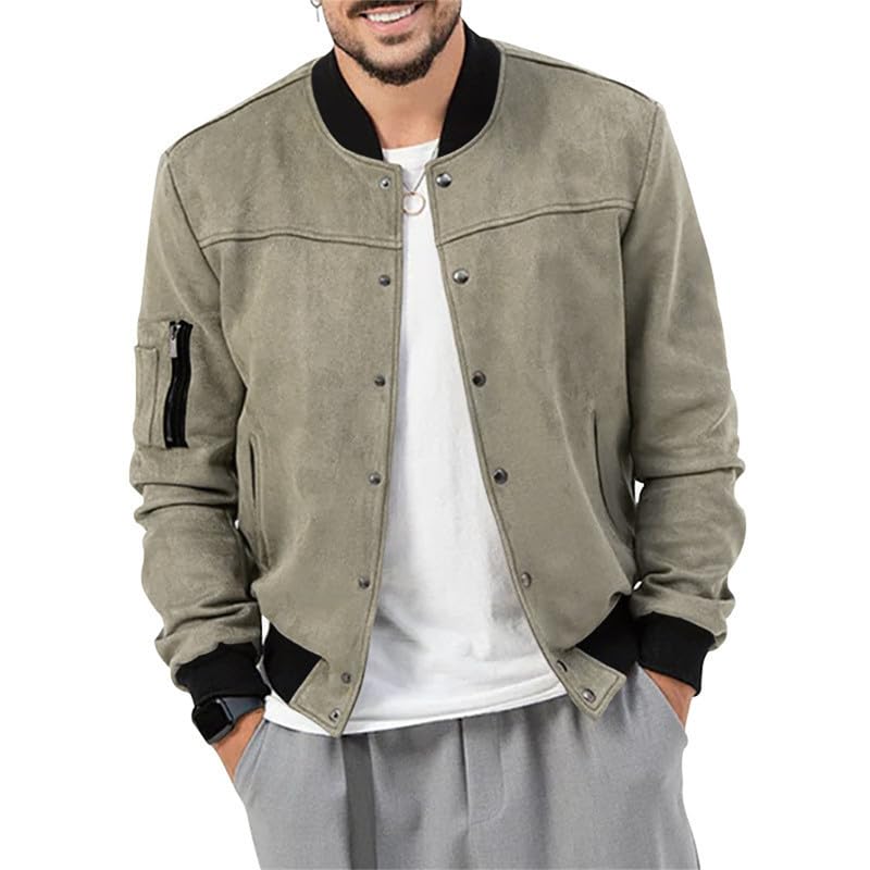 Image of Mens Faux Suede Bomber Jacket Varsity Jacket Windbreaker Vintage Casual Lightweight Leather Coats Jackets