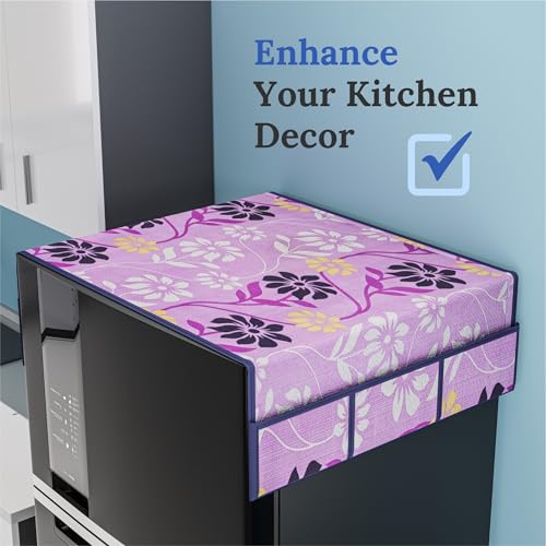 Image of Kuber Industries Cotton Fridge Top Cover | Washable & Anti-Dust Refrigerator Top Cover with 6 Utility Pockets for Kitchen | Flower Design - Purple
