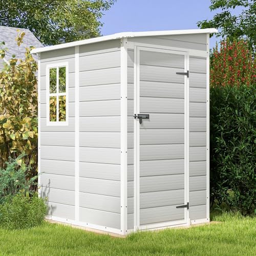 Image of Patiowell 5x4 FT Outdoor Storage Shed with Floor, Resin Outside Storage Shed with Floor & Lockable & Window Door for Patio Furniture, Garden Tools and Bicycle, Light Gray