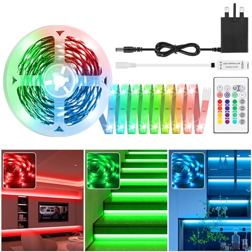 RGB LED Light Strips 10M, 5050 Color Changing LED Lights with 24-Keys IR Remote and 12V Power Supply, Dimmable Self-adhesive 12V DIY Strip Light Kit Suitable for Home Game Room TV Backlight Party