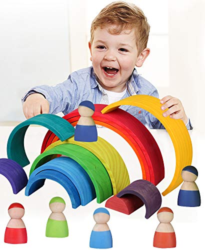VIGEIYA 18Pcs Wooden Rainbow Stacking Toy Color Sorting Toys Large Stacker Building Blocks for Kids Toddlers (Large) - Thumbnail 5