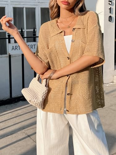 Fisoew Womens Crochet Lightweight Cardigan Sweaters Short Sleeve Summer Button Down Collared Loose Cover Up Shirts4