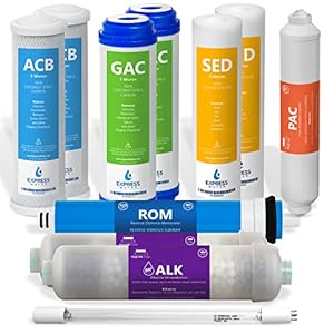 Express Water – 1 Year Reverse Osmosis System Filter Set – 11 Filters with 100 GPD RO Membrane, Carbon GAC ACB PAC, Sediment SED, Alkaline, and UV Filters – 10 inch Size Replacement Water Filters