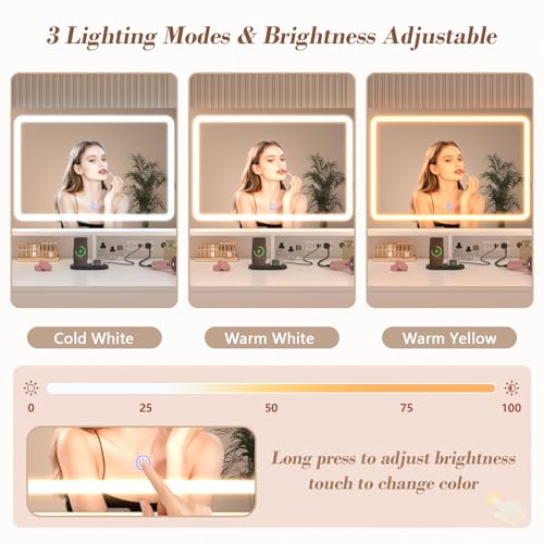 Image of Vanity Desk with LED Mirror and 360 Rotating Makeup Organizer Shelves, White Makeup Vanity with Lights & Charging Station, Large Vanity Table with 6 Storage Drawers Bedroom Makeup Desk for Women Girls