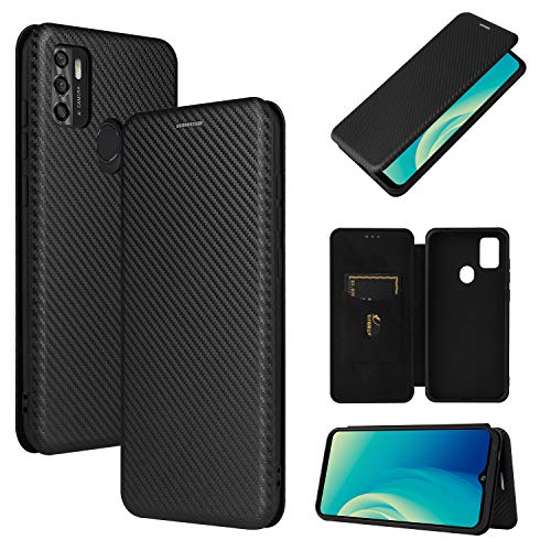 Pelanty ZTE A7S 2020 ケース 手帳型 炭素繊維調 ZTE A7S 2020 携帯カバー ZTE A7S 2020 背面ケース 軽量 薄型 財布型 カード収納 ZTE A7S 2020 スマホケース マグネット ストラップ付き 耐衝撃 全面保護-ブラック