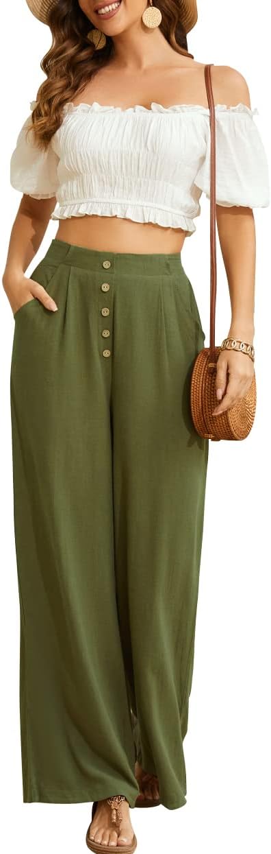 Women Flowy Pants Cotton Linen Wide Leg Palazzo Pants Long Lounge Slacks High Waist Button Trousers Pocket