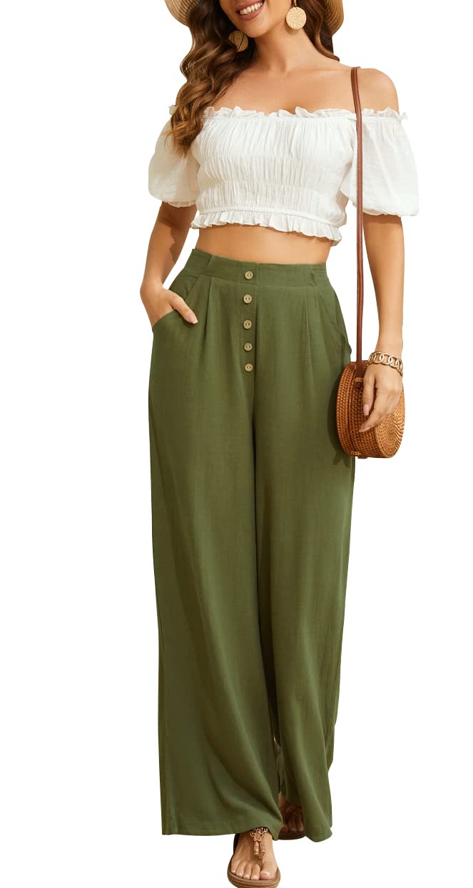 SVALIY Women Flowy Pants Cotton Linen Wide Leg Palazzo Pants Long Lounge Slacks High Waist Button Trousers Pocket