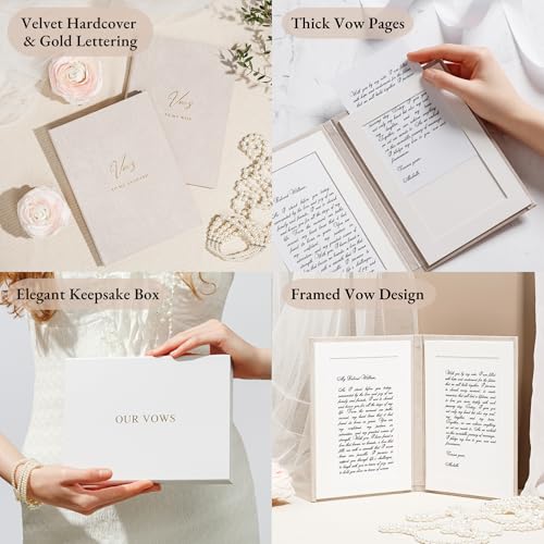 Premium Velvet Hardcover Wedding Vow Books Set of 2 (5.9” x 8.3”) with Display Frame - Insert & Frame Your Written Vows - Gold Foil Lettering - “To My Wife” & “To My Husband” - Includes Keepsake Box