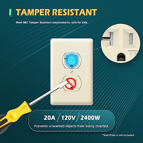 TOPELER 10 Pack Standard Duplex Receptacle Outlet, 20A/125V/2500W, Tamper-Resistant Electrical Outlet for Residential & Commercial Grade, 2-Pole, 3-Wire, Self-Grounding, UL Listed, Ivory by TOPELER - Image 4