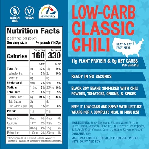 Image of The Good Bean Heat and Eat Pouch - Low-Carb Classic Chili - (4 Pack) 10 oz Pouch - Simmered Black Soybeans with Chili Powder - Pre-Cooked Beans with Good Source of Plant Protein and Fiber
