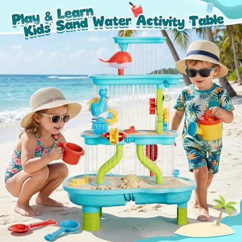 Eterfun 4 -Tier Kids Sand and Water Table for Toddlers - Outdoor Water Sand Play Table Toys for Boys Girls, Summer Splash Activity Sensory Table Party Birthday Gift for Kids 3-5 6-12
