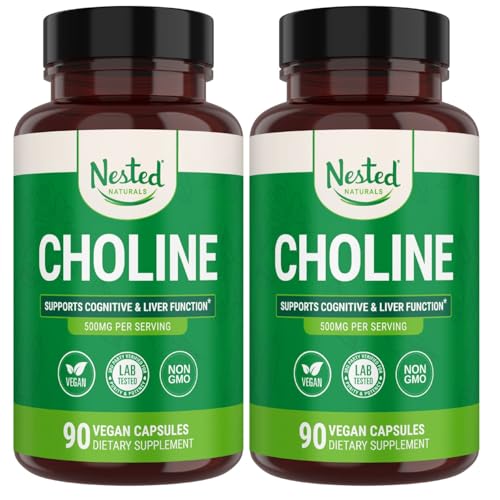 Nested Naturals Choline Bitartrate 500mg - High Potency Choline Supplements - Supports Maternal & Fetal Health During Pregnancy* - 100% Vegan & Non-GMO - 2-Pack (180 Vegan Capsules)