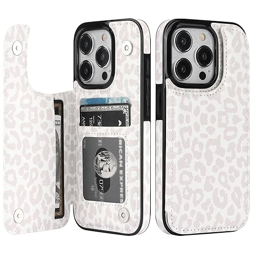 HAOPINSH iPhone 15 Pro Case Wallet with Card Holder White Leopard Cheetah Pattern PU Leather Kickstand Case for Women Double Magnetic Clasp 6.1