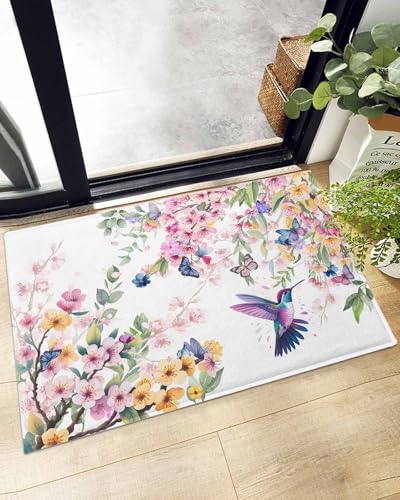 Indoor Doormat Blossom Floral Hummingbird,Shaggy Floor Mat with Non-Skid Backing Butterfly Blossom Flower Plant,Machine Washable Plush Area Rug Carpets for Kitchen Nursery Bedroom